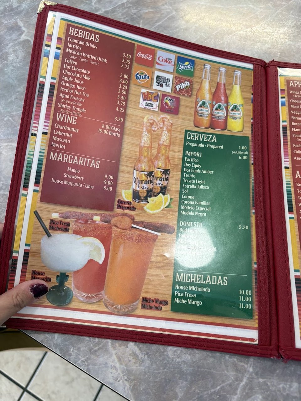 Restaurant menu featuring appetizers and a la carte items.